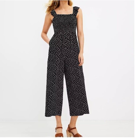 LOFT Pants - Loft Beach Smocked Ruffle Strap Jumpsuit Sz Large Crop Length Black White